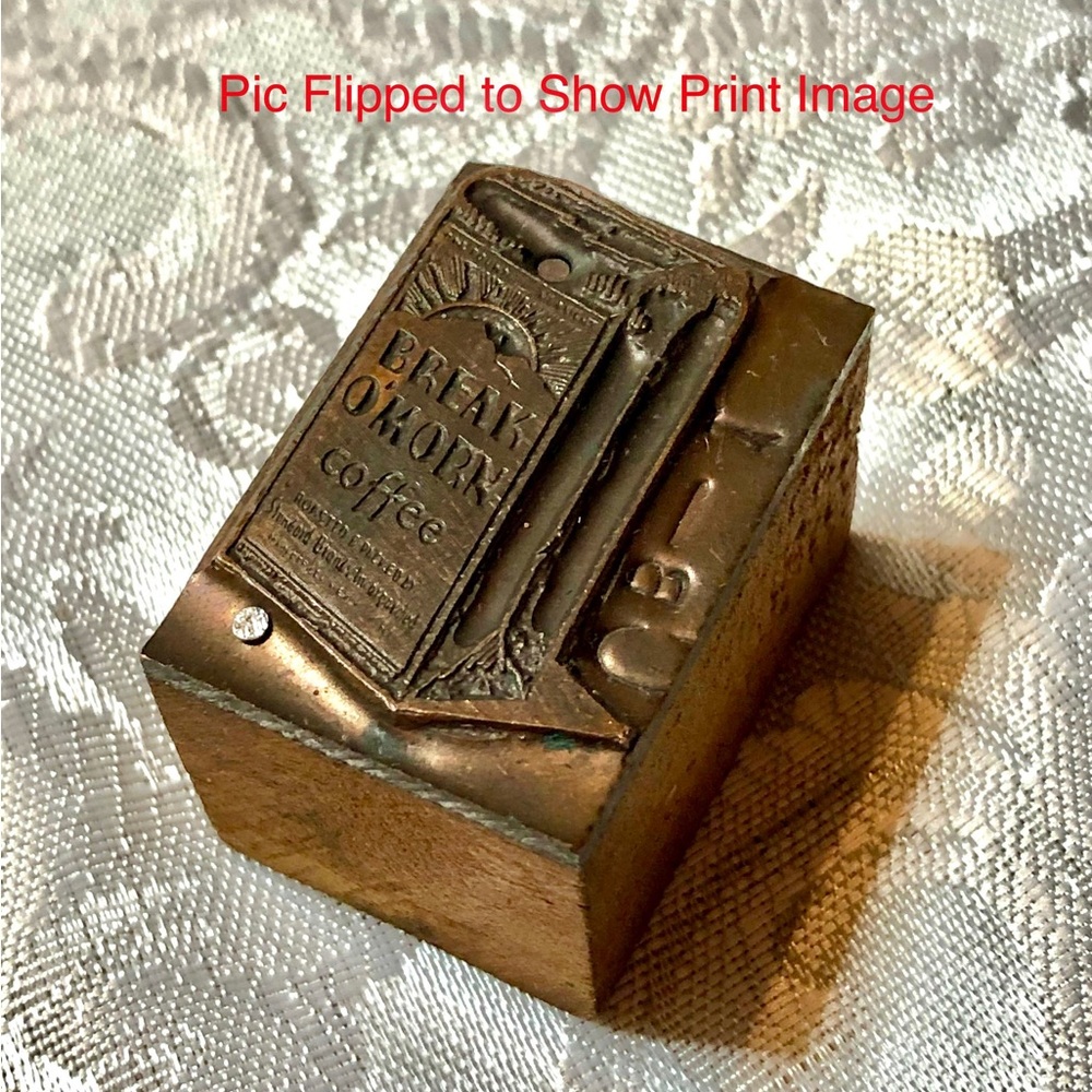 Antique Wooden Print Block Copper Coffee Break O’Morn Ad
